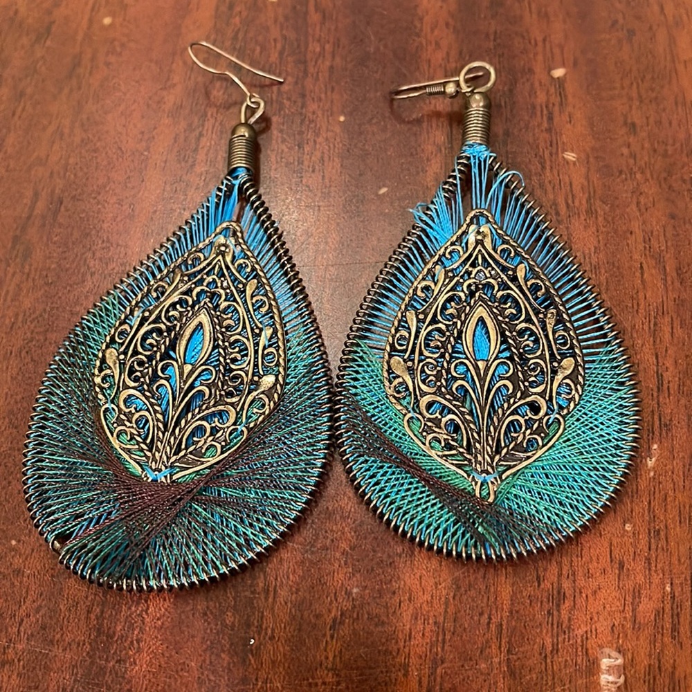 Blue gold string and wire peacock earrings
